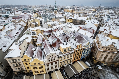 Snow-covered Prague roofs